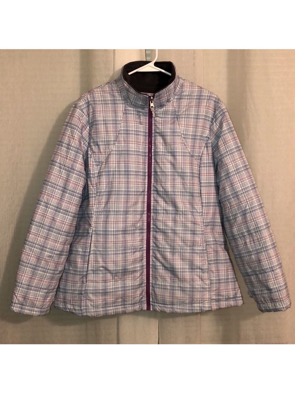 Athletech 1X White Fuchsia Pink Blue Plaid Full Zip Quilted Puffer Jacket